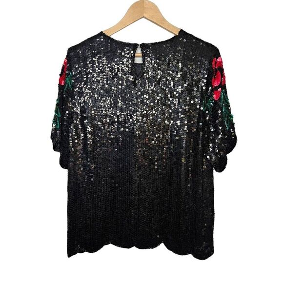 ROYAL FEELINGS Vtg Silk Sequin Evening Blouse Top Jewel Tone Floral Large Unique - Picture 4 of 11